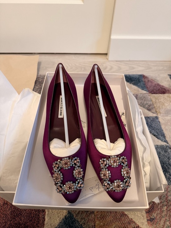 Manolo Blahnik Shoes - Manolo Blahnik Purple Satin Crystal-Embellished Pointed Flats